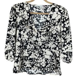 Rebecca Minkoff Cindy Top Crop Sleeve Button Up Black White Floral Size Medium